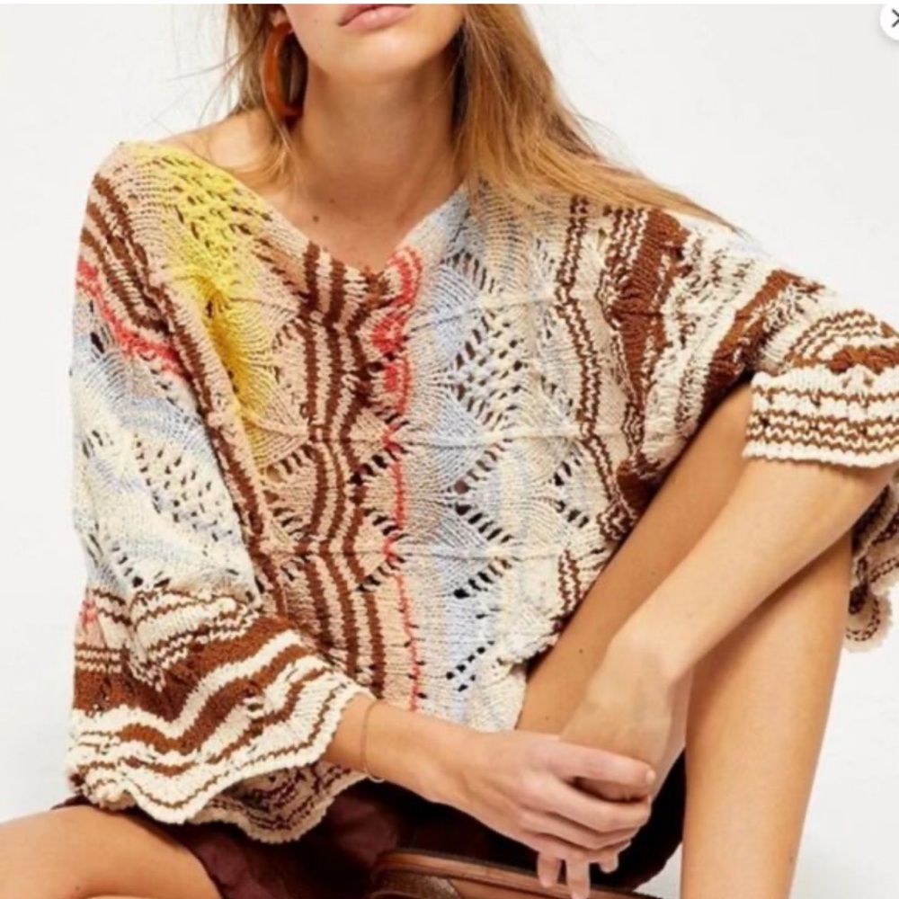 Free People Coral Reef Pullover Sweater Multi Crochet Boxy Scallop Wide Cuff-XL